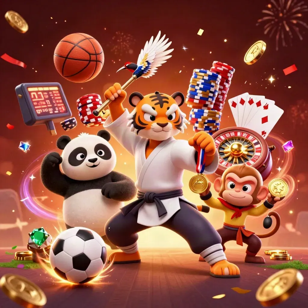 Onça, panda e macaco em pose de luta, com bola de futebol e elementos de cassino.