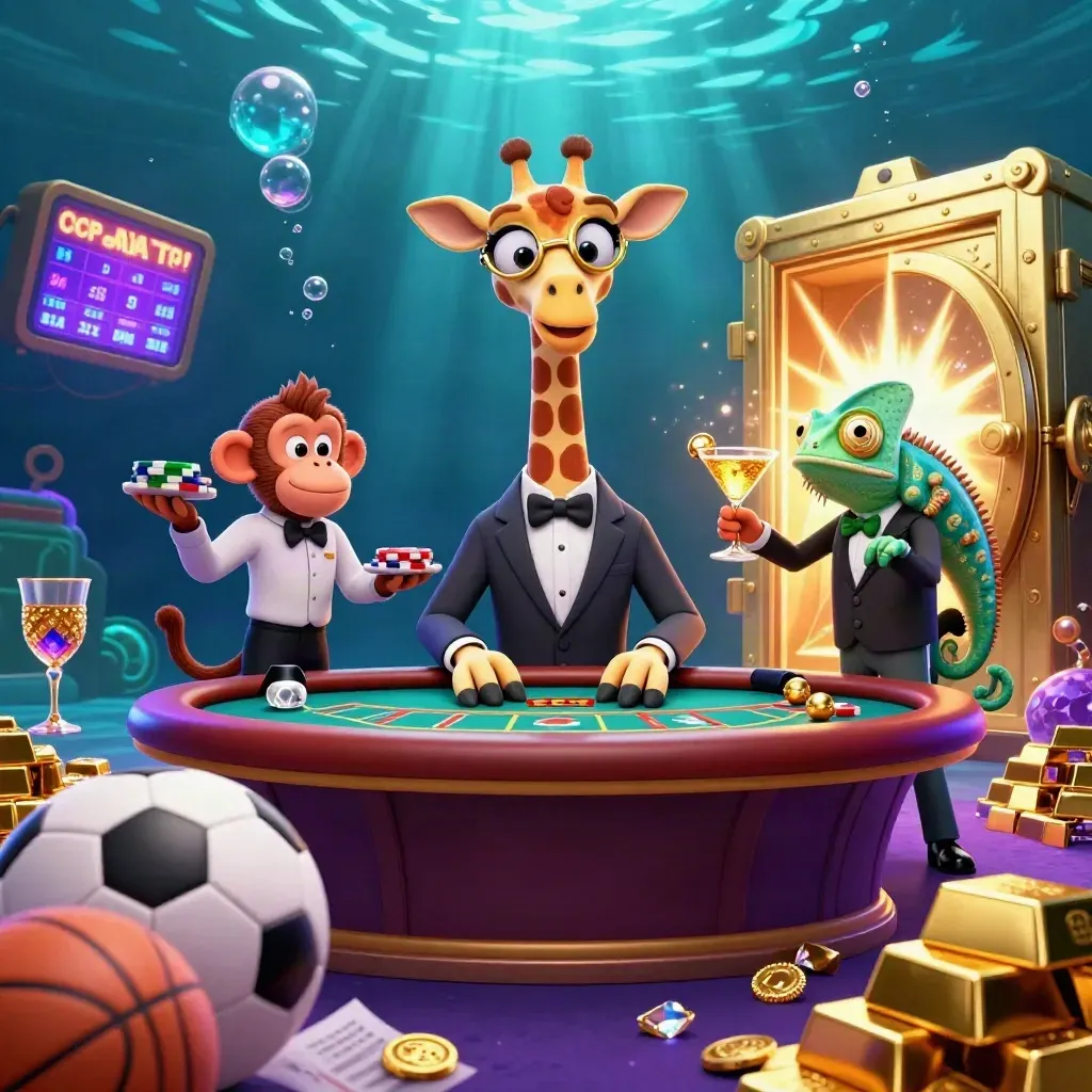 Girafa, macaco e camaleão em mesa VIP com tesouro e bolas esportivas sob luz neon.