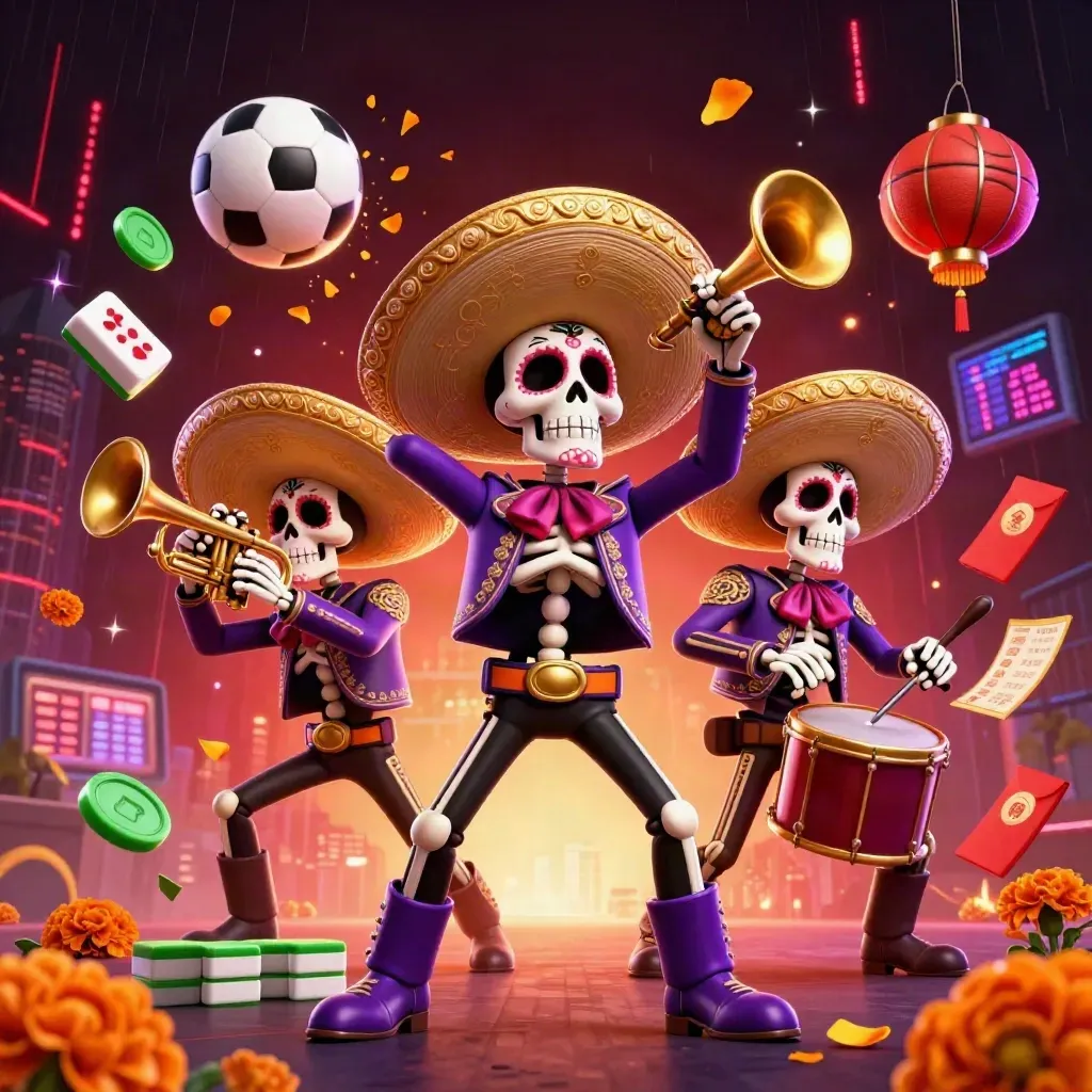 Trio de esqueletos mariachi com sombreros dourados, bolas e moedas voando em neon.