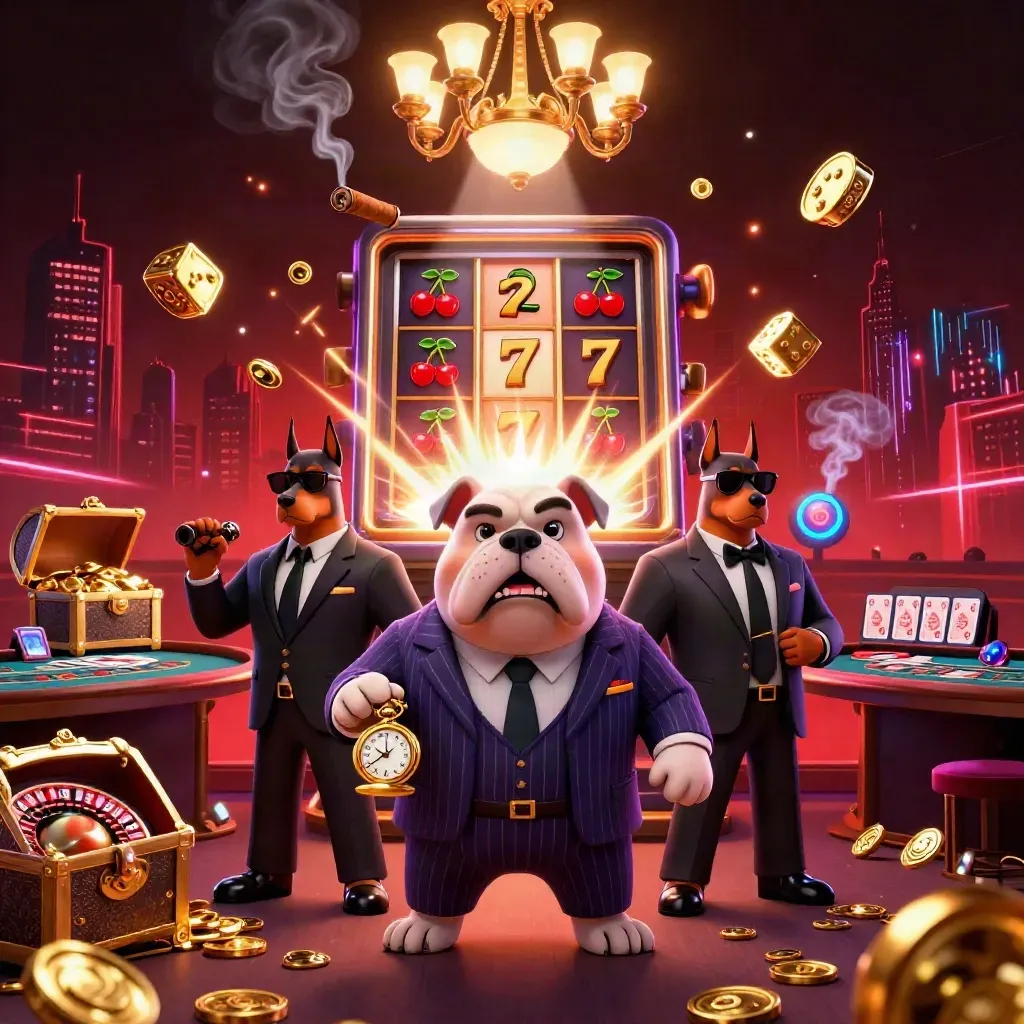Bulldog mafioso e dois dobbermans em salão neon, com caça-níquel e ouro voando.