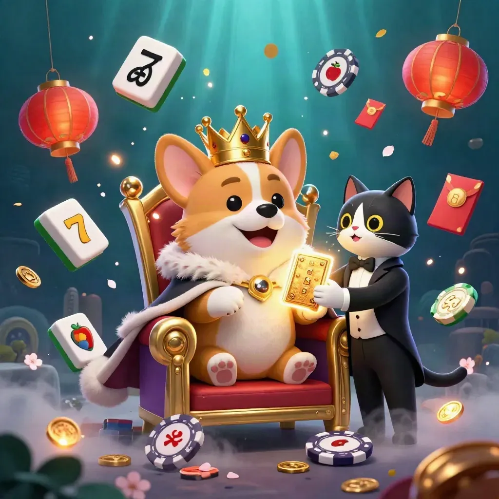 Corgi coroado e gato mordomo em meio a fichas, lanternas, moedas e pétalas no fundo azul-escuro.