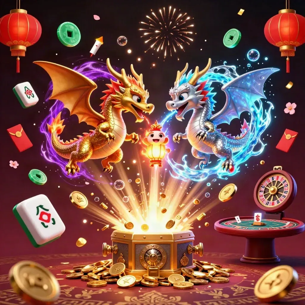 Dois dragões 3D dourado e prateado, moedas, fogos e cassino luxuoso em fundo escuro.