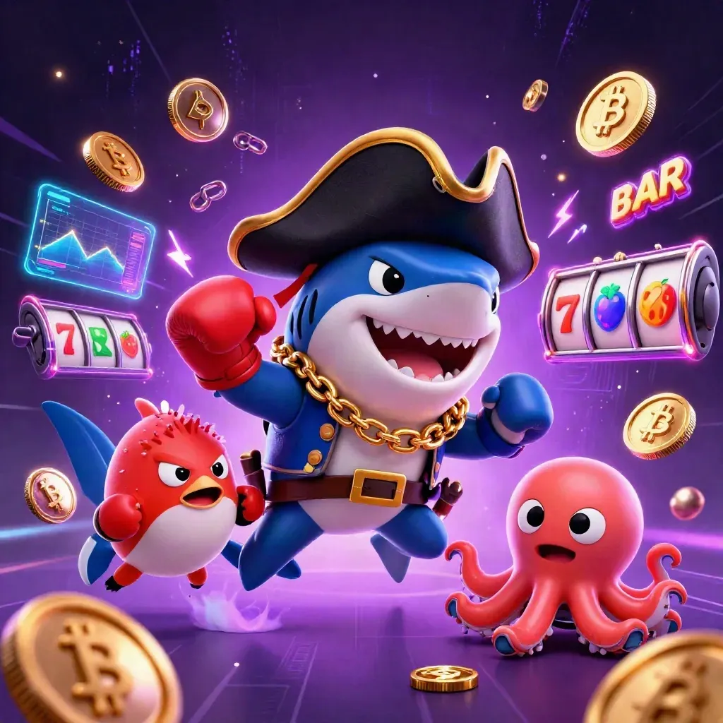 Tubarão pirata, baiacu bravo e polvo bebê em neon, com moedas, relâmpagos e caça-níquel.