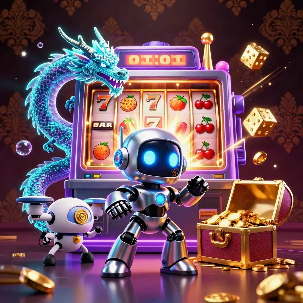 Robô cyberpunk cromado, dragão holográfico e drone surgem de um caça-níquel dourado em neon.